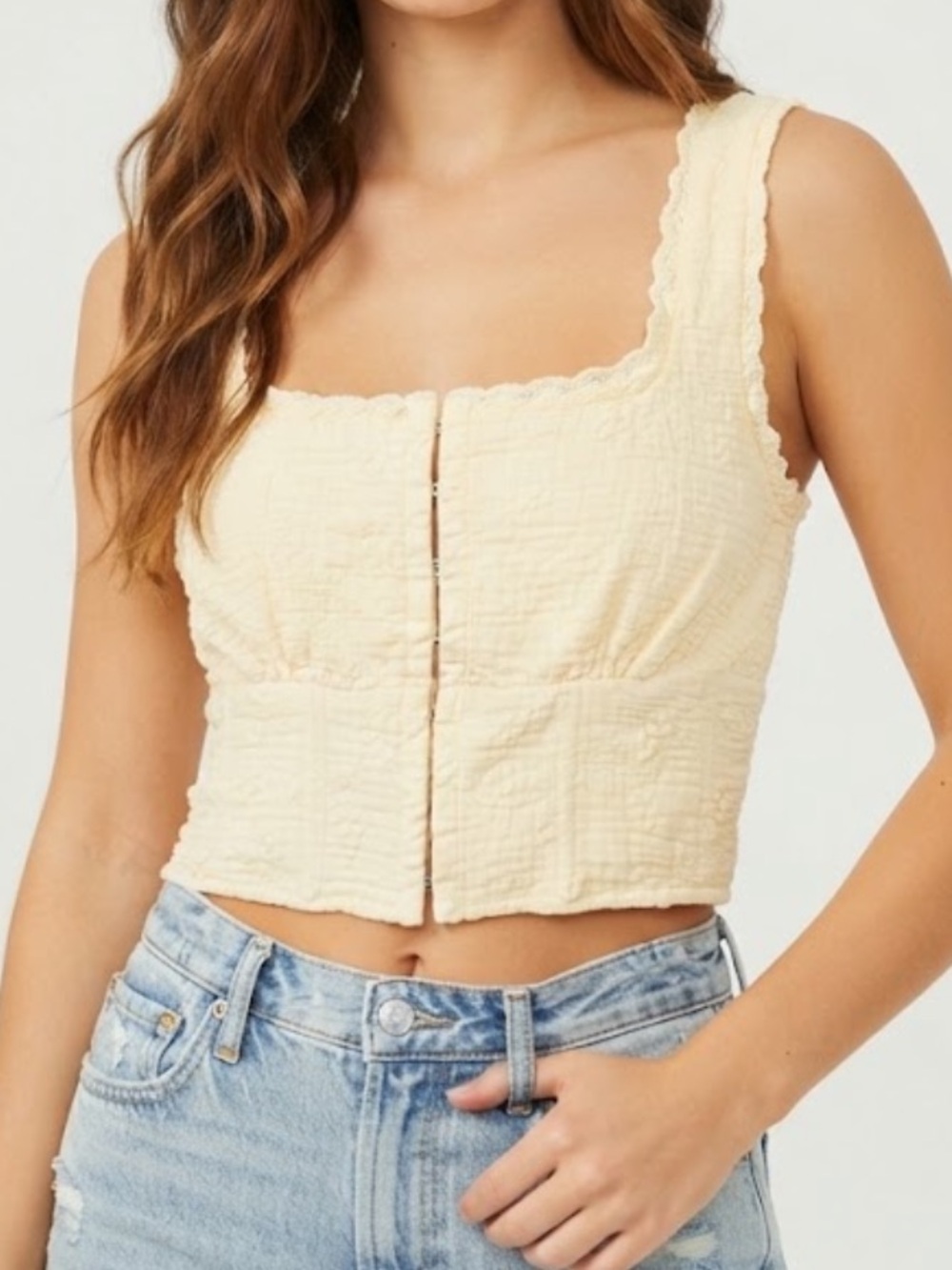 Forever 21 Cream Textured Square-Neck Crop Top Women’s Size Small